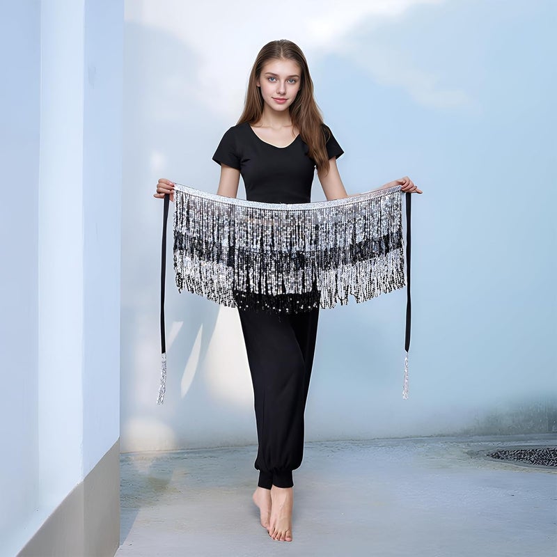 SUMERSHA Belly Dance Hip Scarf Sequin Tassel Skirt Wrap Sparkly Rave Costume for Women - Image 5
